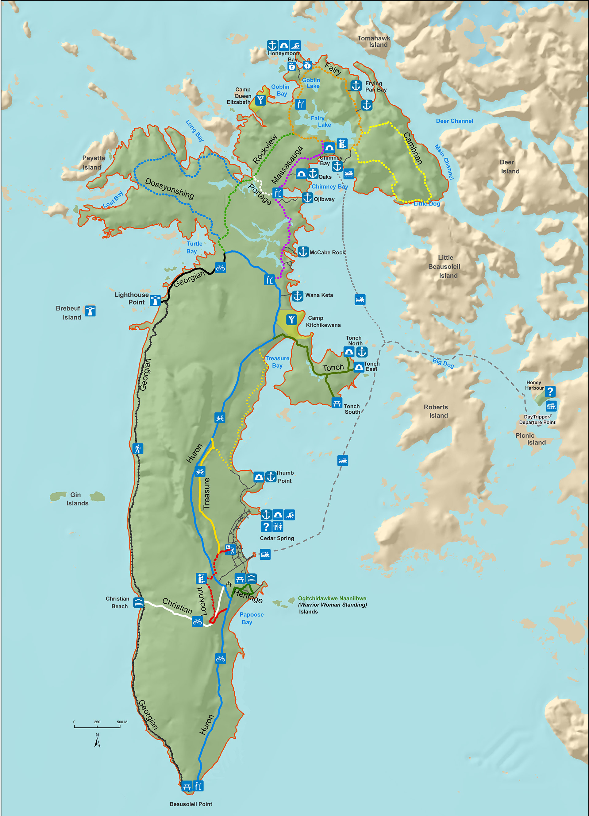 A map of facilities around Beausoleil Island