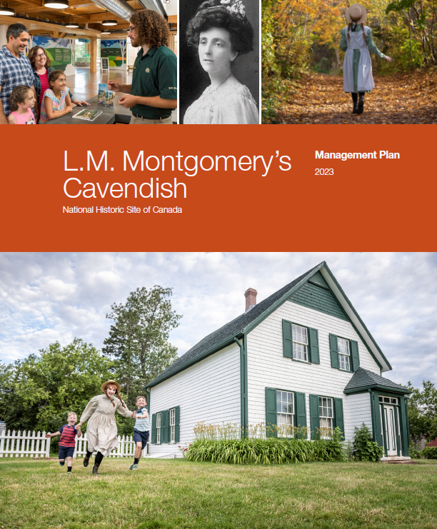 Four images: A family speaking to a Parks Canada employee, a portrait of L.M. Montgomery, a Parks Canada interpreter dressed as Anne of Green Gables, a Parks Canada interpreter dressed as Anne of Green Gables running with two children across a lawn.
