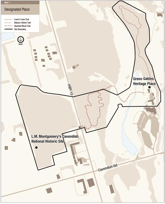 Map 1: L.M. Montgomery’s Cavendish National Historic Site Designated Place — Text version follows.