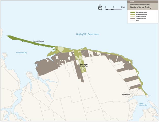 Map 2: Prince Edward Island National Park Western Sector Zoning as it applies to Green Gables Heritage Place — Text version follows.